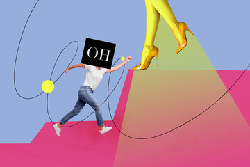 Composite poster image art collage of anonym girl stand oh letters instead head female legs heels...
