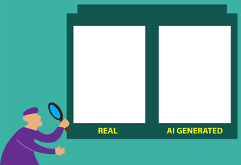 A man checks the real versus the ai generated image. Blank space for comparison