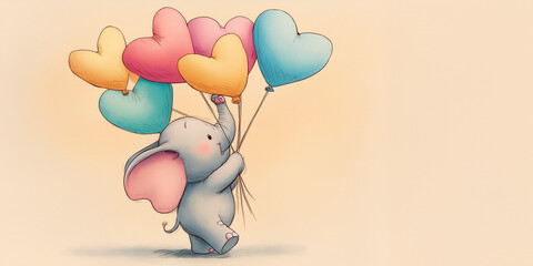 Cute Happy Elephant Holding Balloons in the Shape of Heart, Birthday Invitation