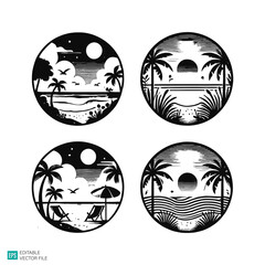 beach logo illustration vector black and white background templates