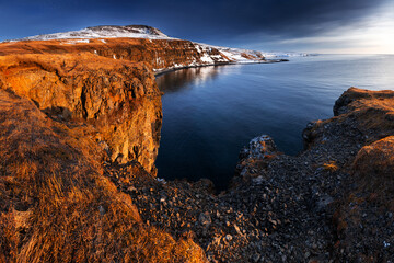 Cliff Overlooking Sea with Snow-Capped Landscape