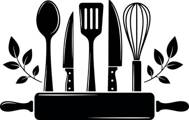 Cooking Utensils Silhouette Vector Logo. Kitchen Tools Icon for Restaurant, Baking, or Culinary Emblem.
