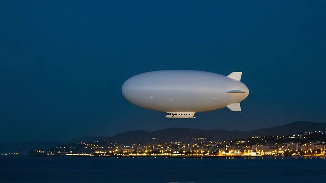 A series of shots of a blimp flying over a coastal city at twilight