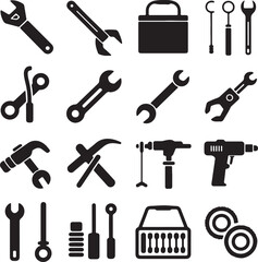 Black Silhouette Icons Set of Various Hand Tools Including Wrenches Hammers Screwdrivers Drill and Toolboxes Isolated on White Background