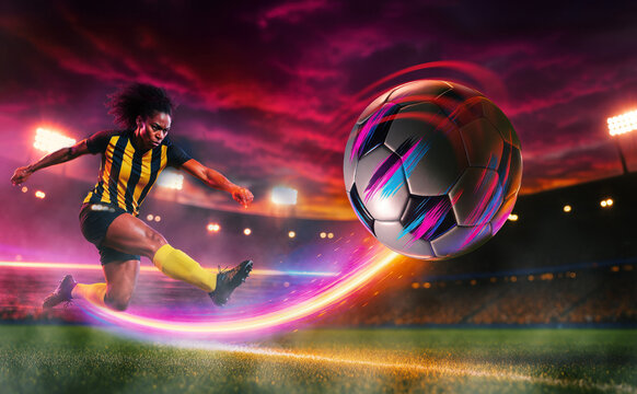 Dynamic african american female soccer player in yellow and black uniform kicks a glowing, futuristic neon soccer ball during a night match. Football, powerful, and energetic sports action scene.