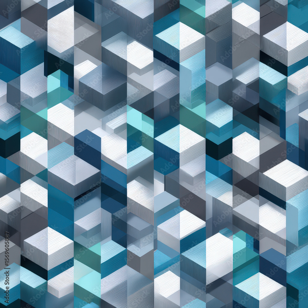 Poster seamless isometric pattern of 3d cubes and blocks in soft blue and gray tones for modern design appl