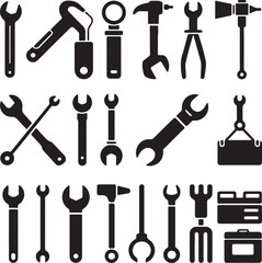 Collection of Black Silhouette Wrench Hammer Pliers Tools Icons Set Isolated on White Background Mechanic Repair Equipment Symbols