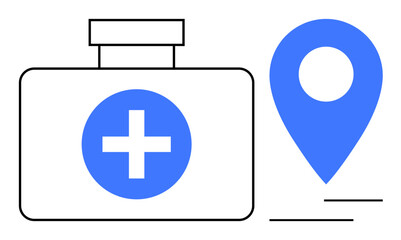 First aid kit with a cross icon and location pin, representing healthcare access. Ideal for medical assistance, emergency services, navigation, healthcare apps, safety tools, healthcare access