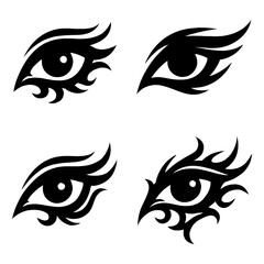Tribal Eye Tattoo Icon Set – Black Flame-Inspired Eye Symbol Designs with Sharp Tribal Lines and Abstract Patterns – Solid Black Silhouette – Transparent Background