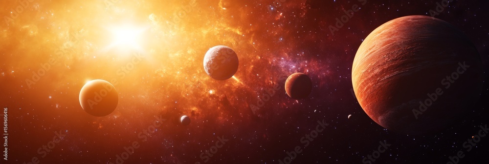 Poster planets orbiting around a brilliant star create a stunning display in a vibrant galaxy, highlighting