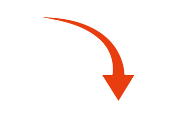Red curved arrow pointing downwards on a white background graphic element design concept