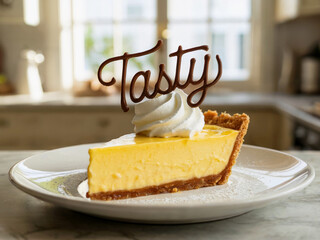 A single slice of creamy key lime pie topped with whipped cream and a chocolate “Tasty” decoration, served on a white plate in a sunlit kitchen setting