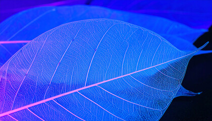 Translucent botanical leaves glowing with neon blue light in high detail
