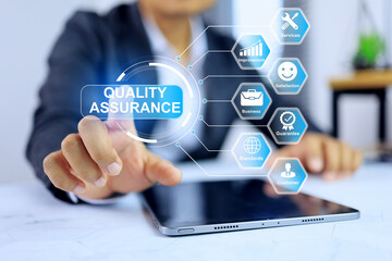 Quality assurance concept with businessman click on systematic process to focused on preventing...