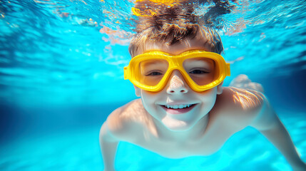 Naklejka premium Young Smiling Girl with Yellow Goggles Swimming Underwater