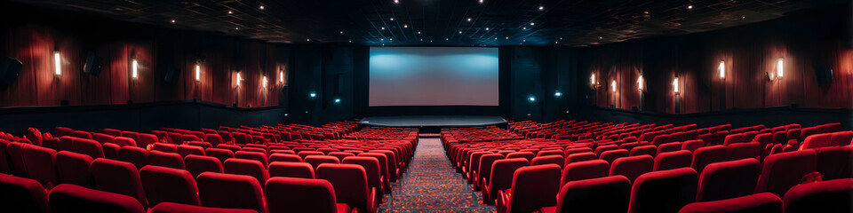 Fototapeta premium Empty red theater seats facing large screen in modern cinema hall