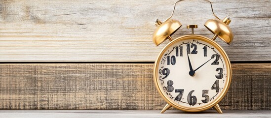 Vintage golden alarm clock showcasing the concept of time on wooden background