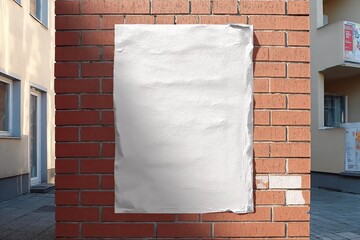 White wrinkled poster template. Glued paper mockup. Blank wheatpaste on textured wall. Empty street art sticker mock up. Clear urban glued advertising canvas.