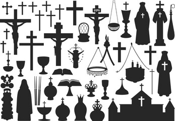 Christian religion vector icons, church silhouette clipart, cross, priest, Bible, faith symbols, Catholic graphic elements, holy worship objects