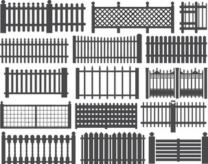 Collection of different fence designs, wooden and metal gate illustrations, vector fence silhouette set for garden, property, home boundary visuals