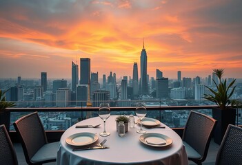 Elegant rooftop table setting, Bangkok megacity skyline backdrop,   vacation,  dusk
