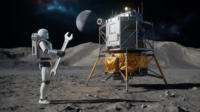 A robot astronaut holds a wrench near a lunar lander on the moon - Powered by Adobe