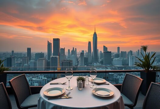 Elegant rooftop table setting, Bangkok megacity skyline backdrop,   vacation,  dusk