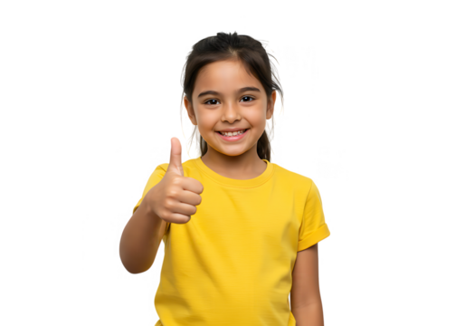 A cheerful young girl in a yellow tshirt is giving a thumbs up gesture isolated on transparent background