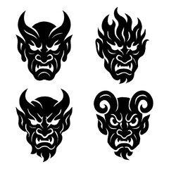 Tribal Demon Face Tattoo Collection - Dark Abstract Monster Mask Silhouettes with Sharp Lines and Fierce Expressions, Evil Ink Art Style with Transparent Background