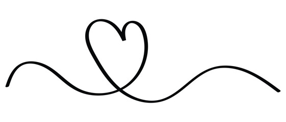 Hand drawn doodle heart continuous one line drawing,  heart clipart, love heart, calligraphic heart shape, ribbon, symbol, text divider, isolated on white background