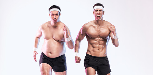 Before and after weight loss transformation showing overweight man running next to his fit and...