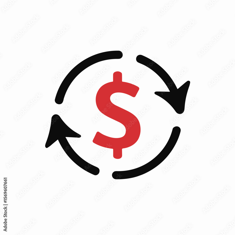 Poster red dollar symbol with circular arrows representing financial cycle or currency exchange