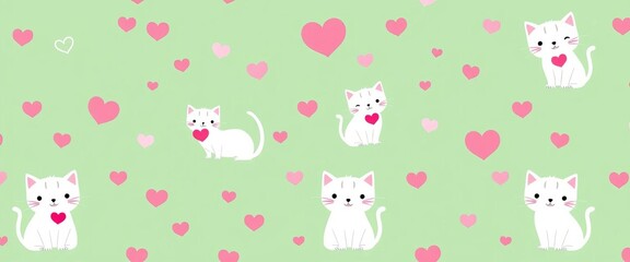 Pastel green seamless pattern featuring cute cats with tiny hearts,  background,  textile