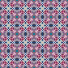 seamless geometric pattern This is a colorful floral swirl pattern with pink, purple, and blue loops, repeated in a symmetrical design. Perfect for fabrics, wallpapers, or backgrounds.