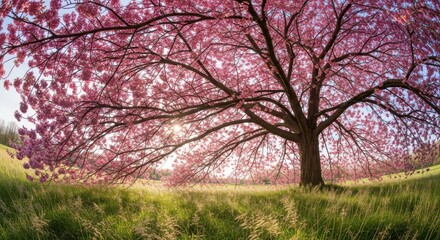Obraz premium A magnificent blooming tree with vibrant pink blossoms fills the frame on a sunny spring day