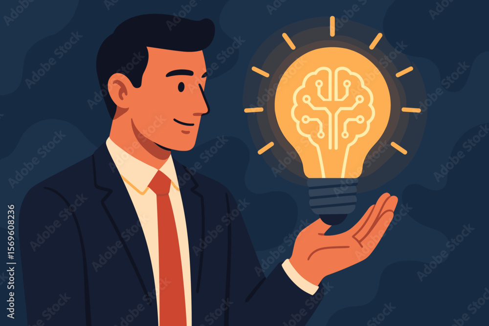 Poster artificial intelligence concept. businessman with glowing lightbulb idea. ai brain circuit symbolize