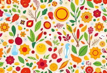 Seamless horizontal ESG pattern featuring diverse eco-friendly elements in vector format,   biodiversity,  seamless