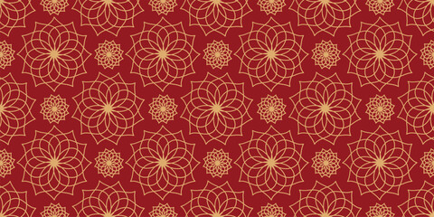 Chinese New Year Traditional Seamless Pattern with Flowers. Vector Luxury Happy Chinese New Year pattern, red and golden colors. Lunar Chinese pattern for banner, sale ads, poster, pachaging wrapping