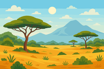 African landscape with acacia trees and Mount Kilimanjaro. Cartoon vector illustration of a savanna national park. Safari travel background concept. Wild nature in Africa.