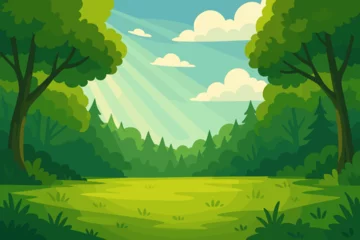 Poster Summer forest clearing landscape with green grass meadow. Sunny day in nature with trees, sun rays, clouds and blue sky. Cartoon vector background for animation or game.