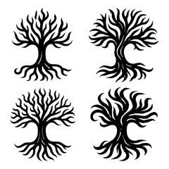 Tribal Tree of Life Symbol Collection - Decorative Nature Silhouettes with Roots and Branches, Ancient Spiritual Motif in Solid Black Ink Style with Transparent Background