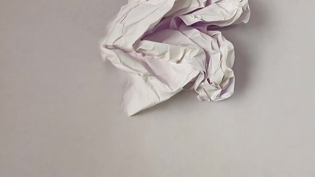 Crumpled white paper on a gray background. The texture is visible, showcasing the folds and creases of the paper. Simple and minimalistic design.