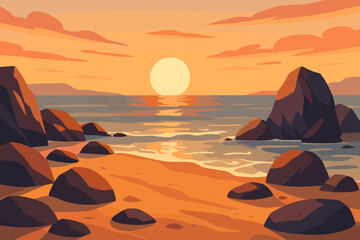 Rocky beach at sunset vector landscape. Serene seascape with stones and sand. Ocean view with warm golden hour light. Modern flat cartoon illustration for a travel banner.