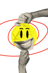 Trend artwork composite 3D photo collage design of two big size hands hold smiley mouth lips...
