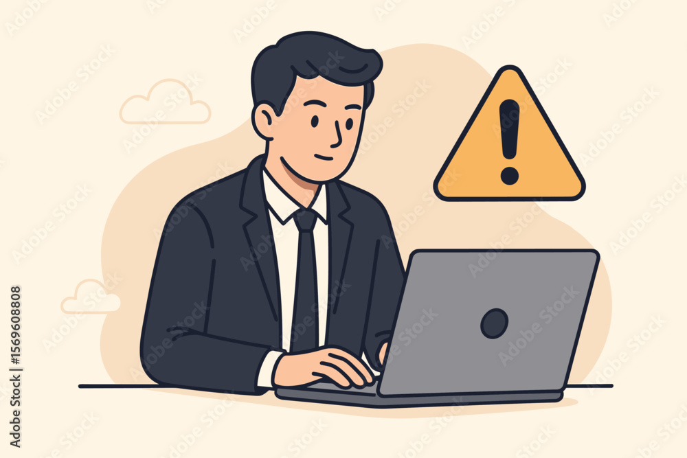 Poster businessman or it programmer working on a laptop with a warning sign. concept of system error, secur