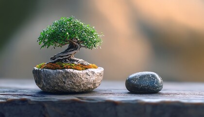 a tiny bonsai tree in a cracked ceramic pot, watercolor style, twisted trunk and textured moss, fine root detail, placed beside a zen stone on smooth wooden table