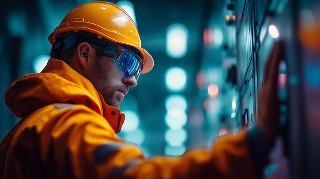 Focused male engineer inspecting complex electrical panel in industrial control room, highlighting technical expertise and precision work.