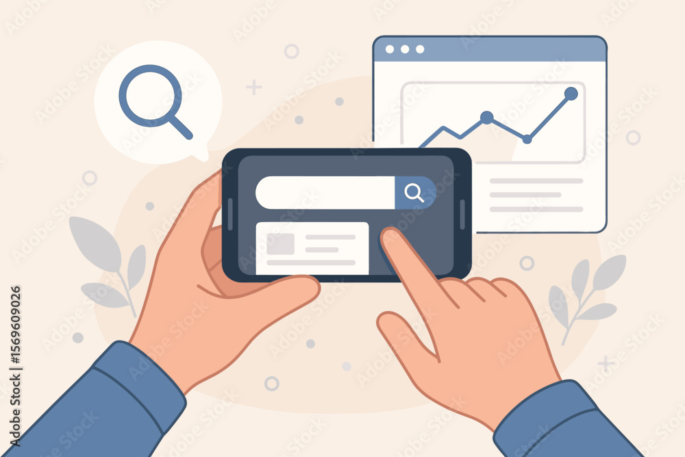 Poster search engine optimization seo concept with hands holding smartphone. man searching data online. ana