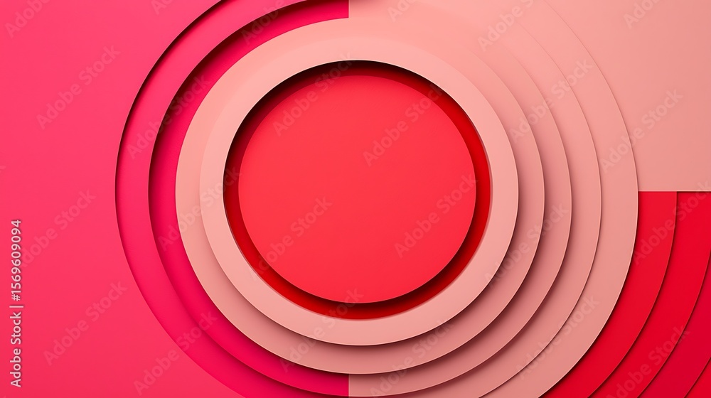 Poster abstract geometric design featuring concentric circles in varying shades of red and pink with layere