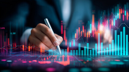 Male hand using stylus on futuristic digital interface displaying data visualization, technology, innovation, and business analytics concept.